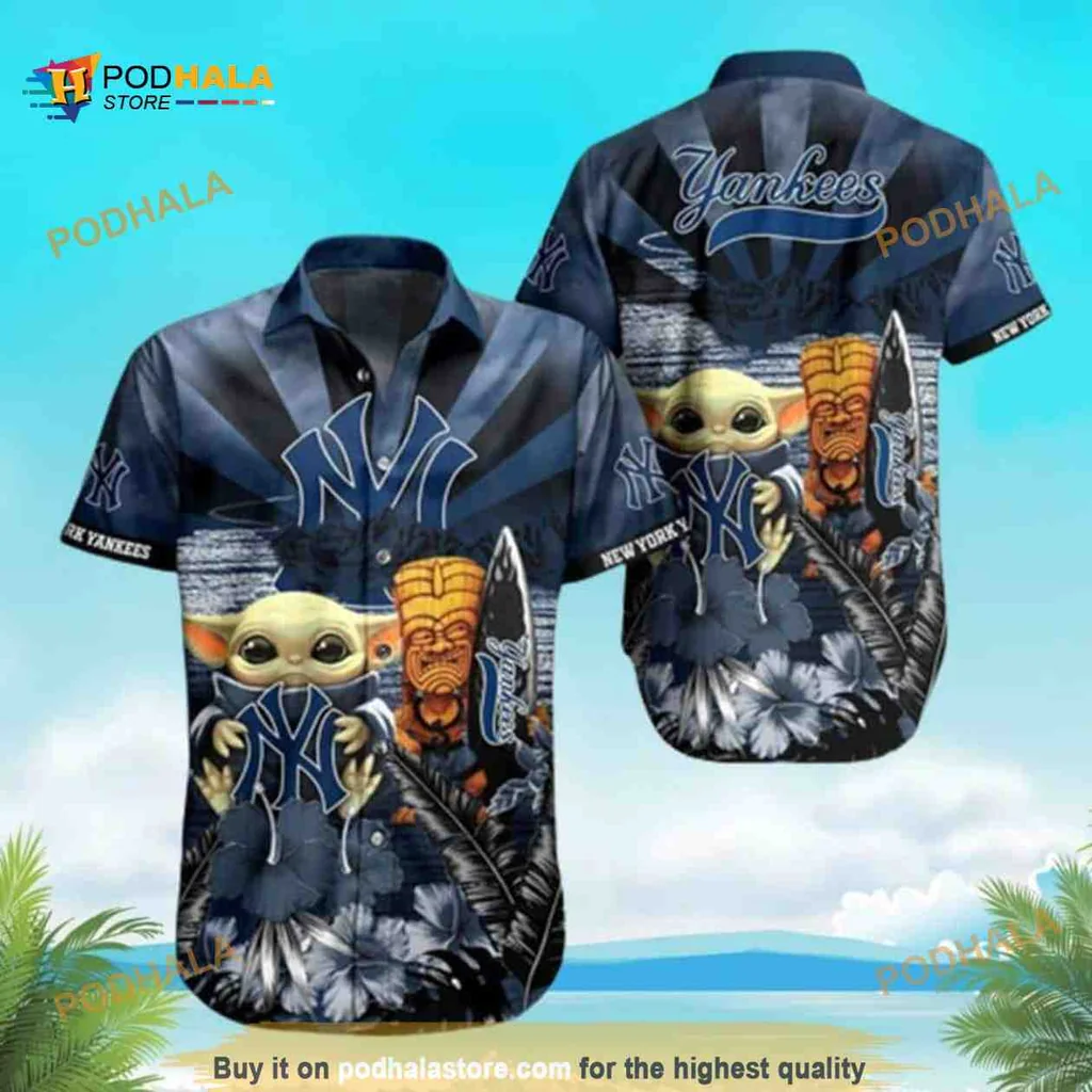 Baby Yoda New York Yankees Hawaiian Shirt With Tiki Design