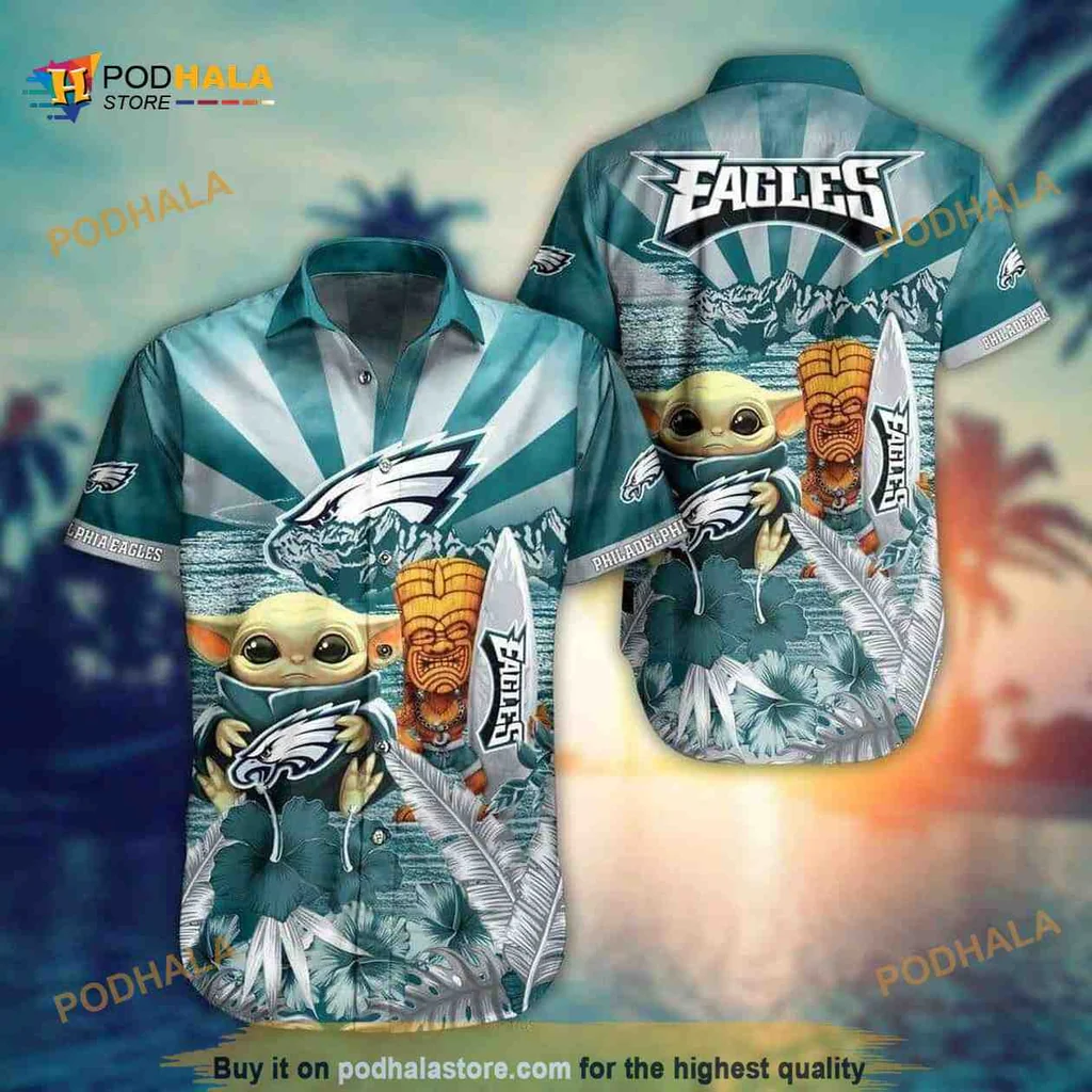 Baby Yoda Philadelphia Eagles Hawaiian Shirt With Tropical Design