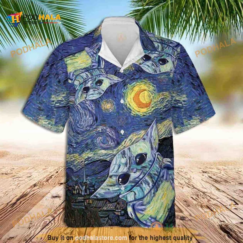 Baby Yoda Starry Night Hawaiian Shirt With Whimsical Design