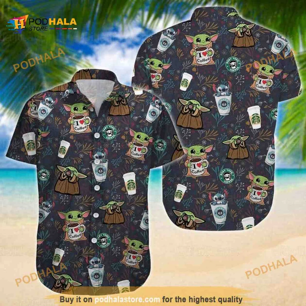 Baby Yoda Stitch Hawaiian Shirt With Coffee Cup Design