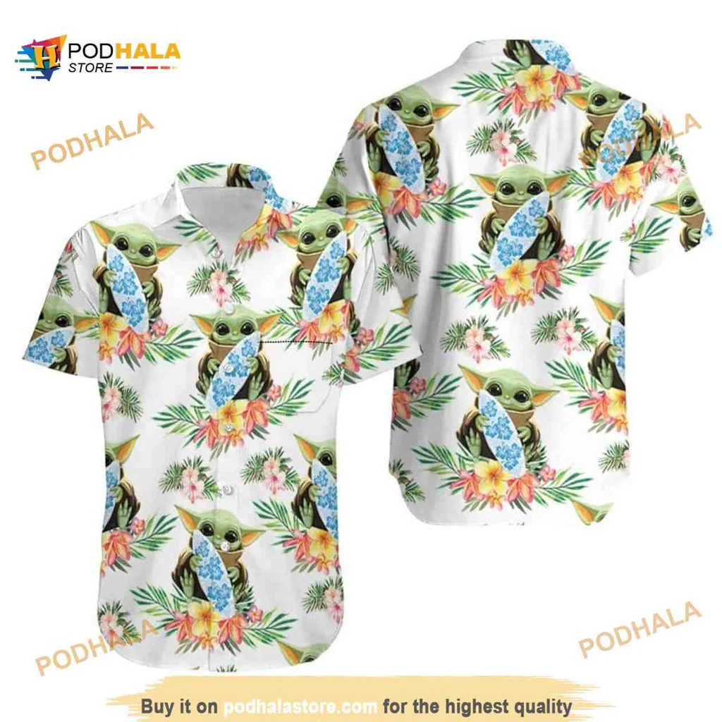 Baby Yoda Surfing Aloha Shirt Featuring Grogu Hugging Surfboards