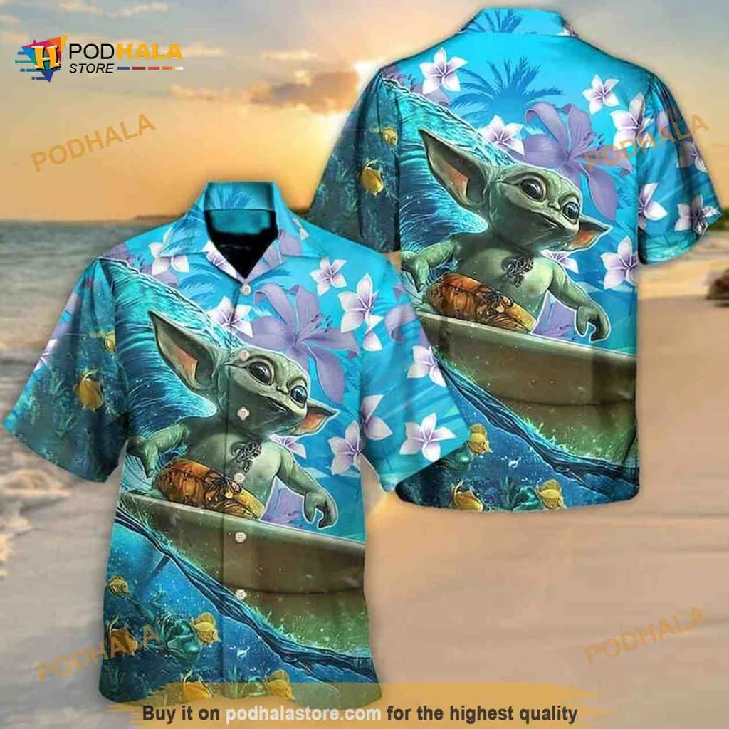 Baby Yoda Surfing Hawaiian Shirt With Tropical Hibiscus Design