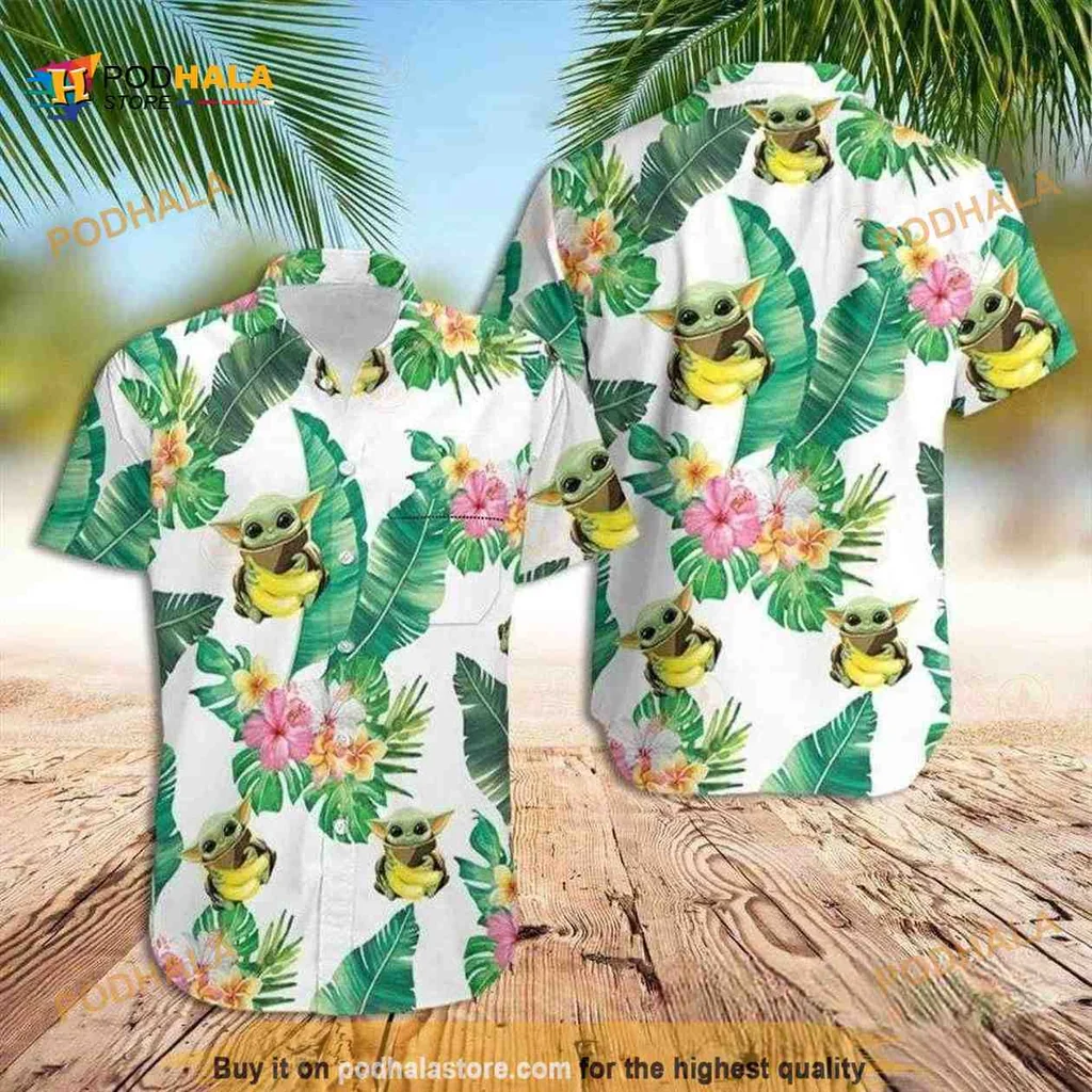 Baby Yoda Tropical Aloha Shirt With Bananas And Tropical Leaves