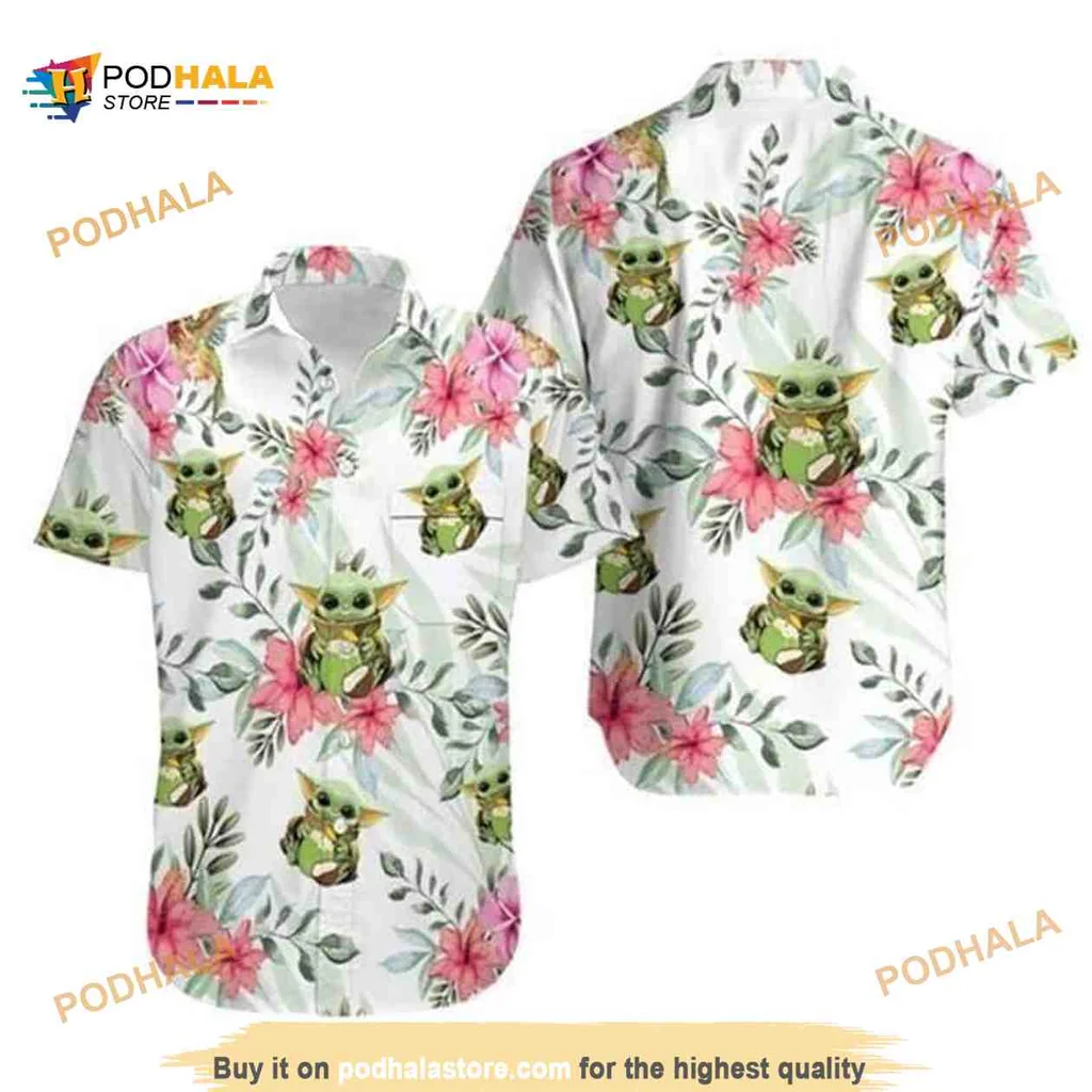 Baby Yoda Tropical Aloha Shirt With Colorful Flowers And Leaves