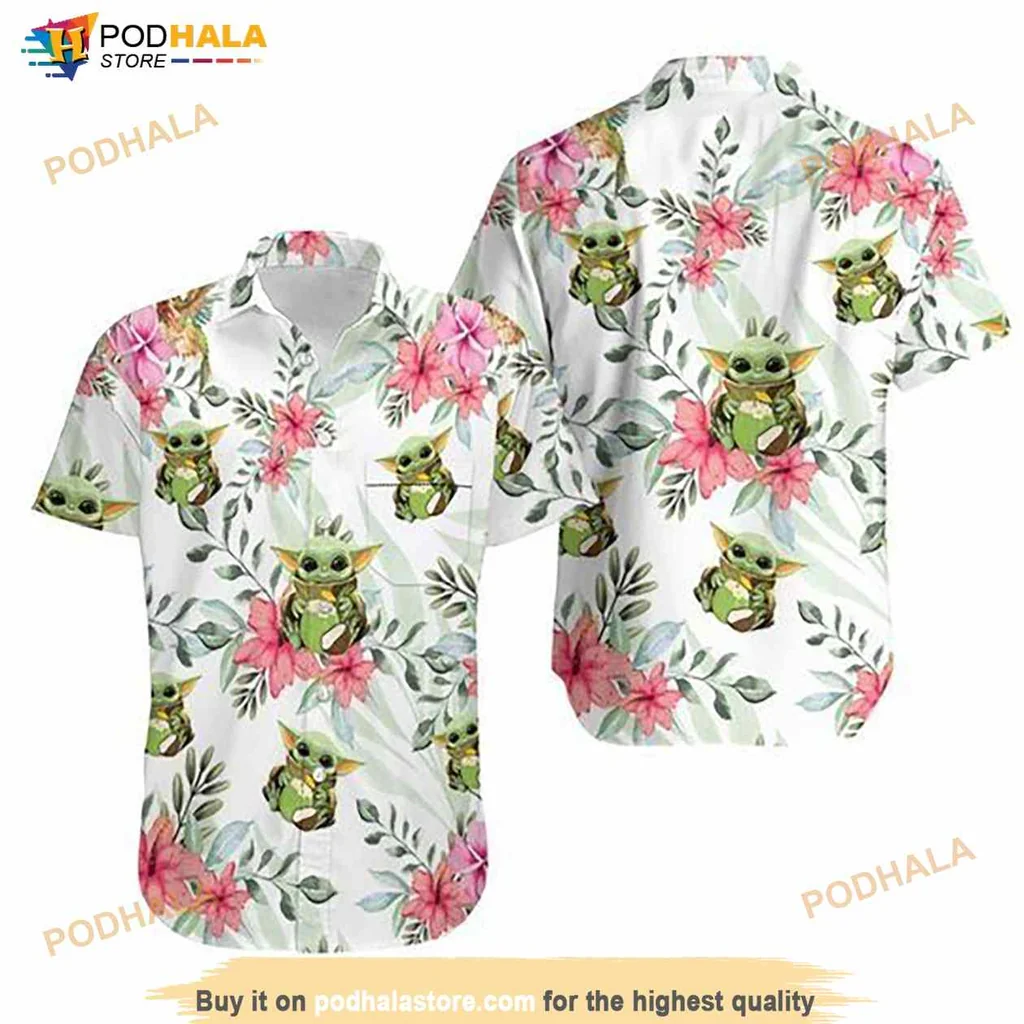 Baby Yoda Tropical Hawaiian Shirt Featuring Colorful Coconuts And Flowers