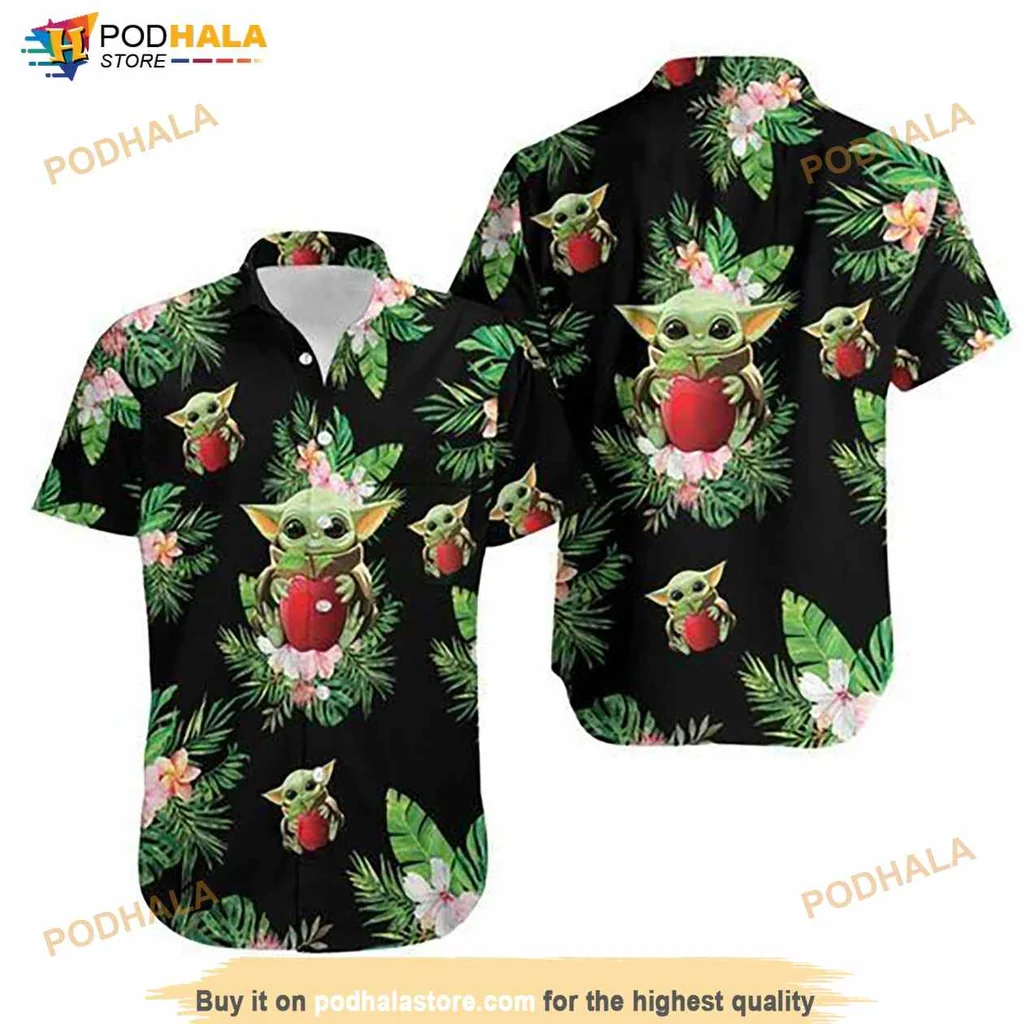 Baby Yoda Tropical Hawaiian Shirt Featuring Grogu Hugging Apples