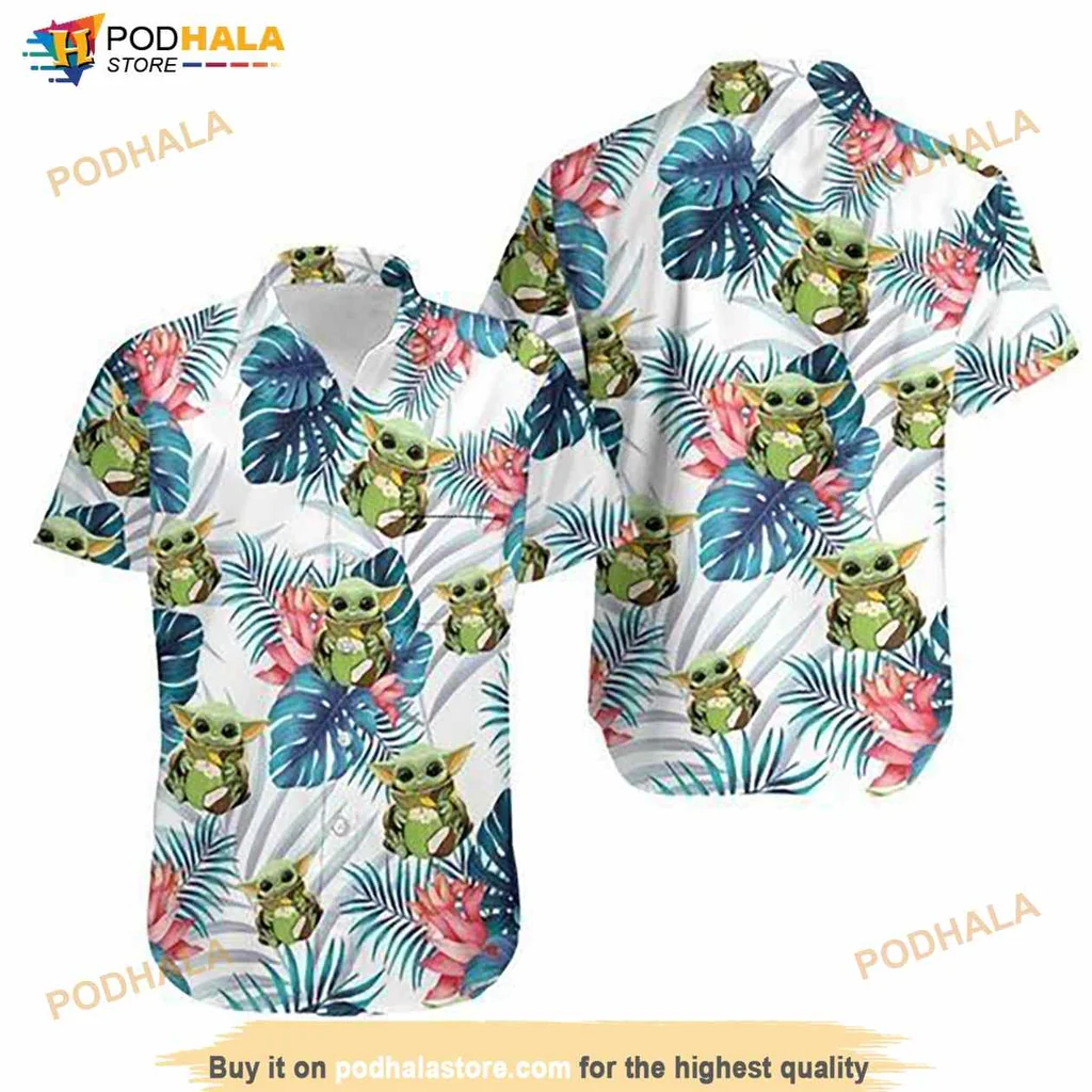 Baby Yoda Tropical Hawaiian Shirt Featuring Grogu Hugging Coconuts