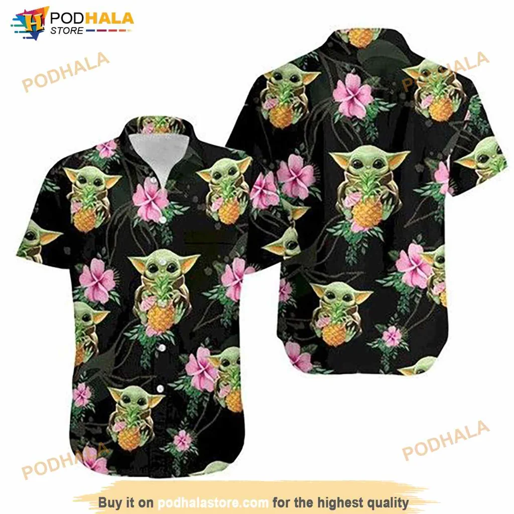 Baby Yoda Tropical Hawaiian Shirt Featuring Grogu Hugging Pineapples