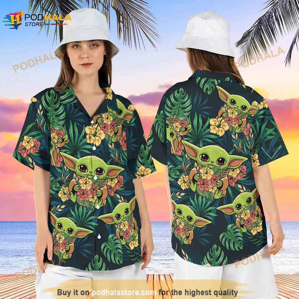 Baby Yoda Tropical Hawaiian Shirt Surrounded By Colorful Foliage