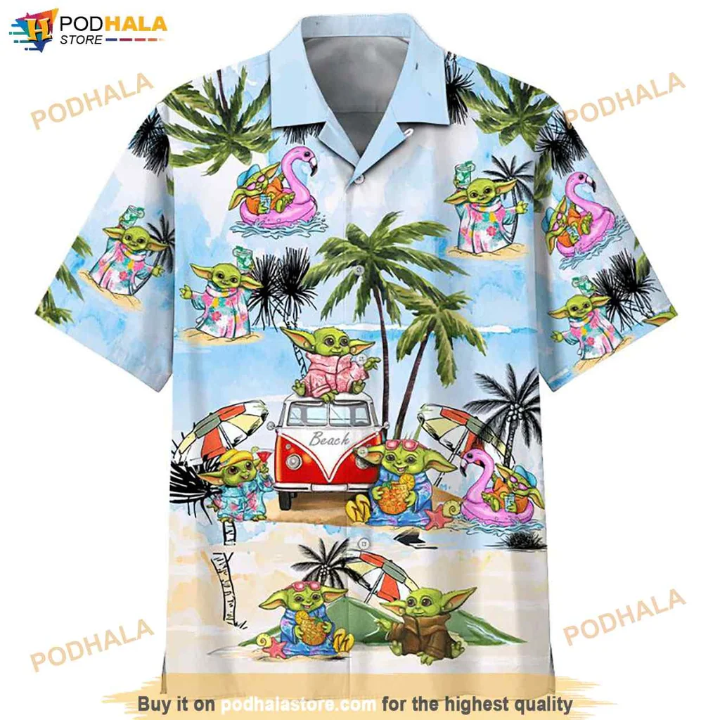Baby Yoda Tropical Hawaiian Shirt, Vibrant Summer Design With Grogu And Beach Elements