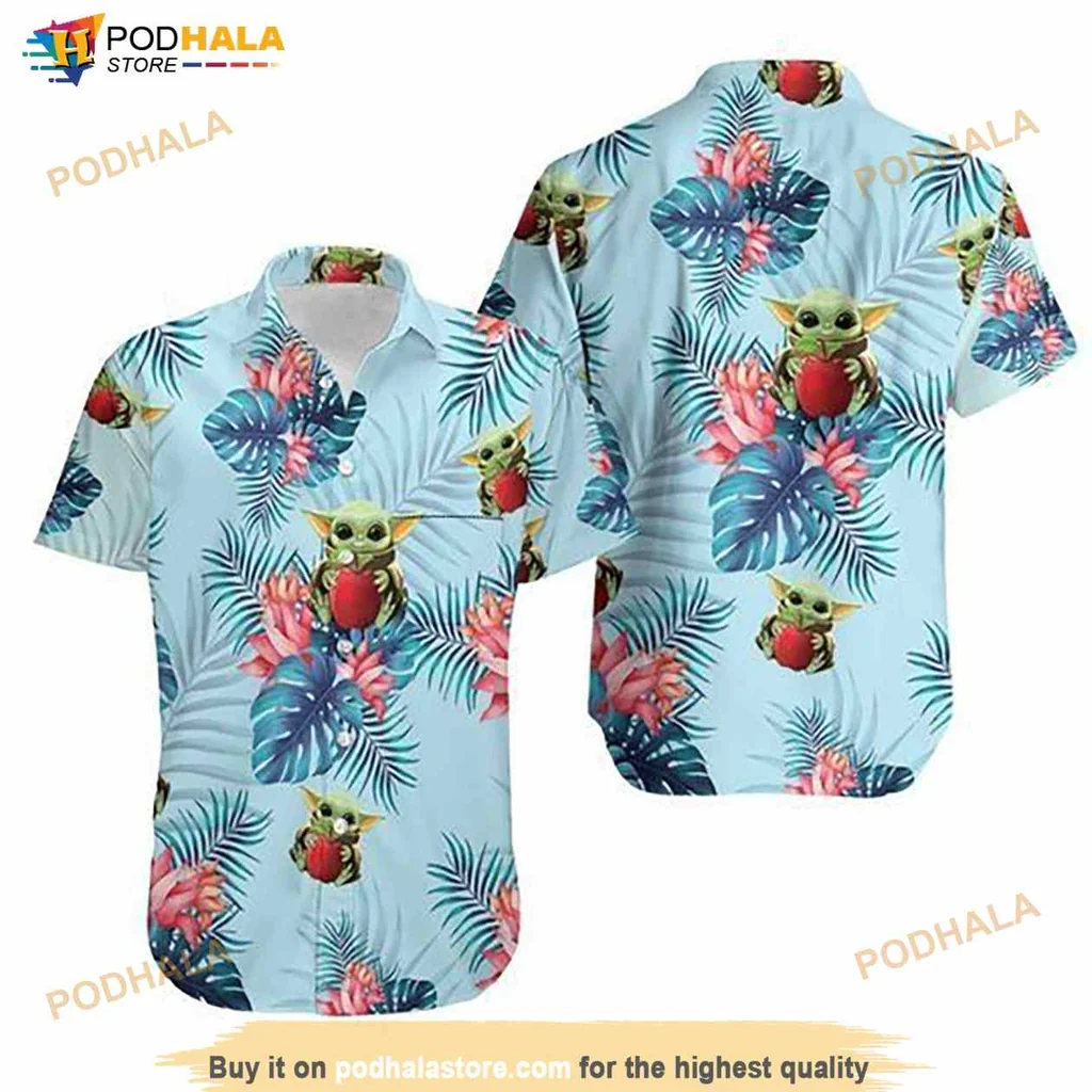 Baby Yoda Tropical Hawaiian Shirt With Apples And Colorful Flowers