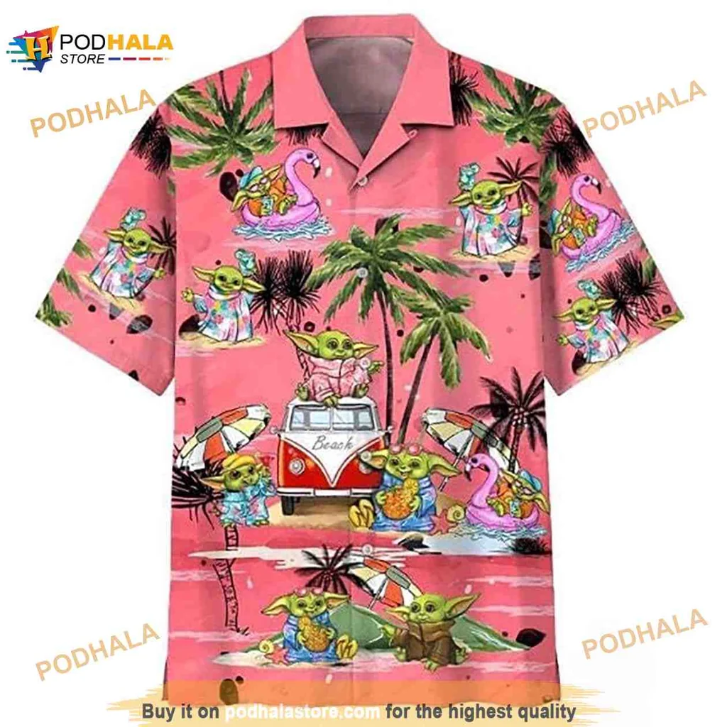 Baby Yoda Tropical Hawaiian Shirt With Beach Scenes And Flamingos
