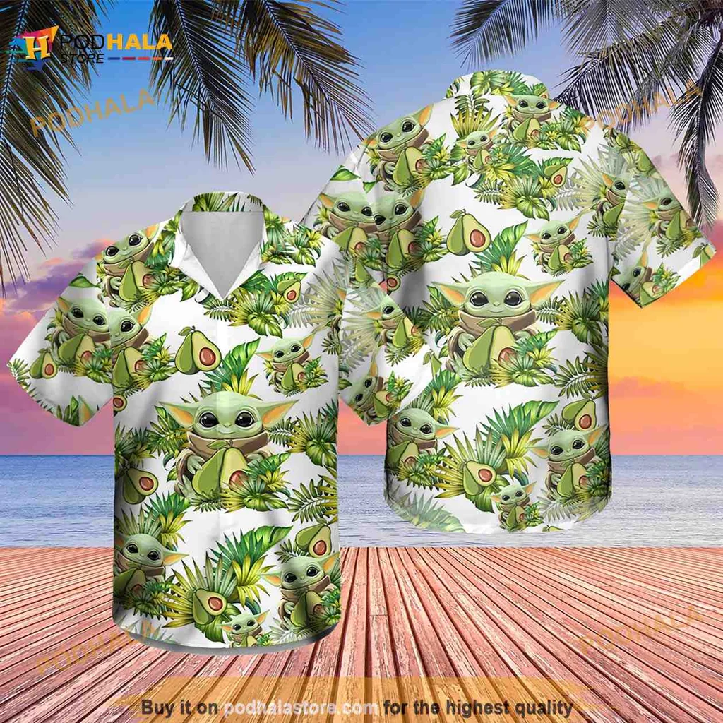 Baby Yoda Tropical Hawaiian Shirt With Cartoon Character And Palm Leaves