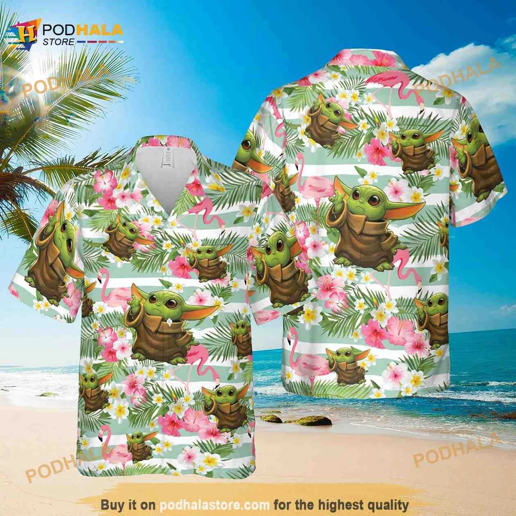 Baby Yoda Tropical Hawaiian Shirt With Colorful Hibiscus And Flamingos