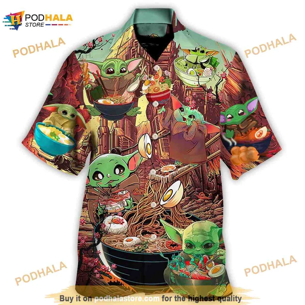 Baby Yoda Tropical Hawaiian Shirt With Fun Culinary Illustrations