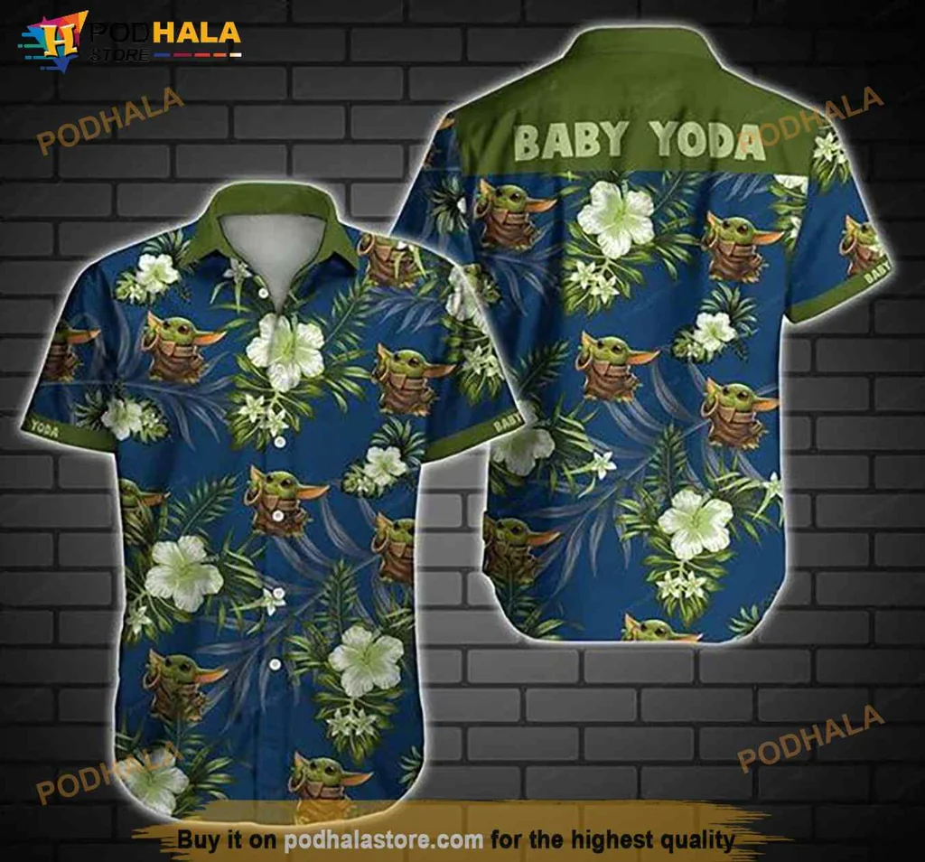 Baby Yoda Tropical Hawaiian Shirt With Lush Green Leaves And Hibiscus Flowers