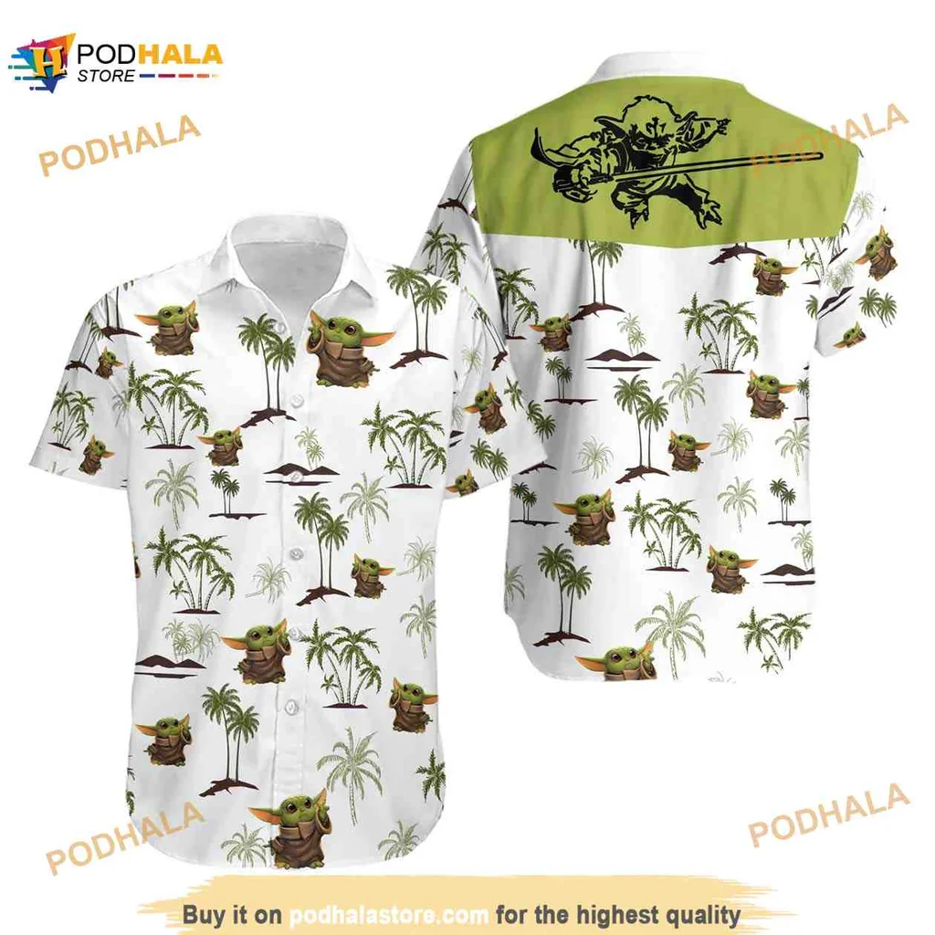 Baby Yoda Tropical Hawaiian Shirt With Palm Trees And Cartoon Design