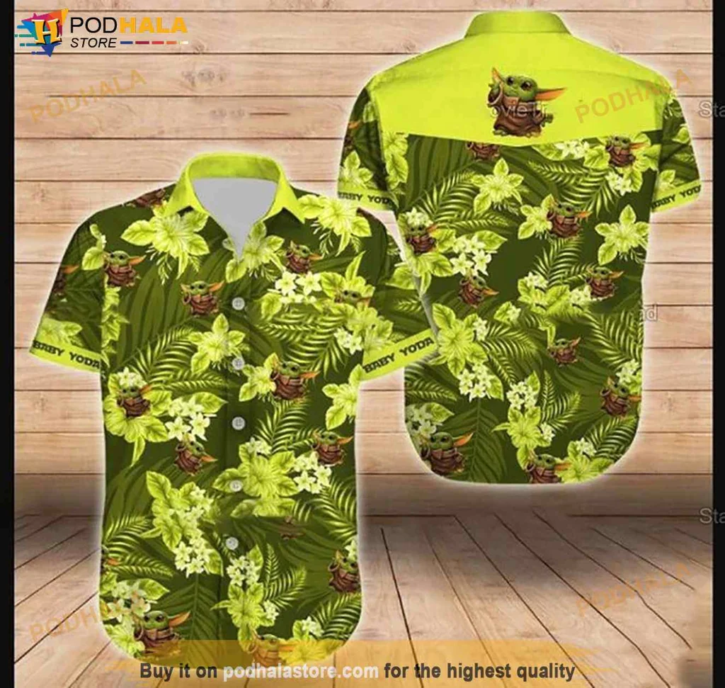 Baby Yoda Tropical Hawaiian Shirt With Vibrant Green Leaves And Flowers