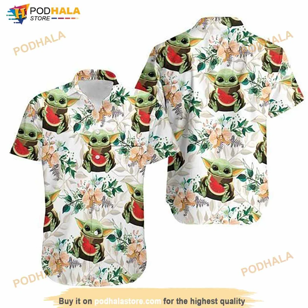Baby Yoda Watermelon Hawaiian Shirt With Colorful Tropical Flowers
