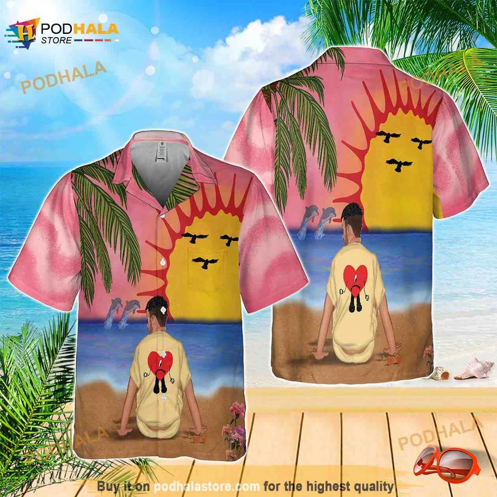 Bad Bunny Sunset Beach Hawaiian Shirt With Heart Symbol