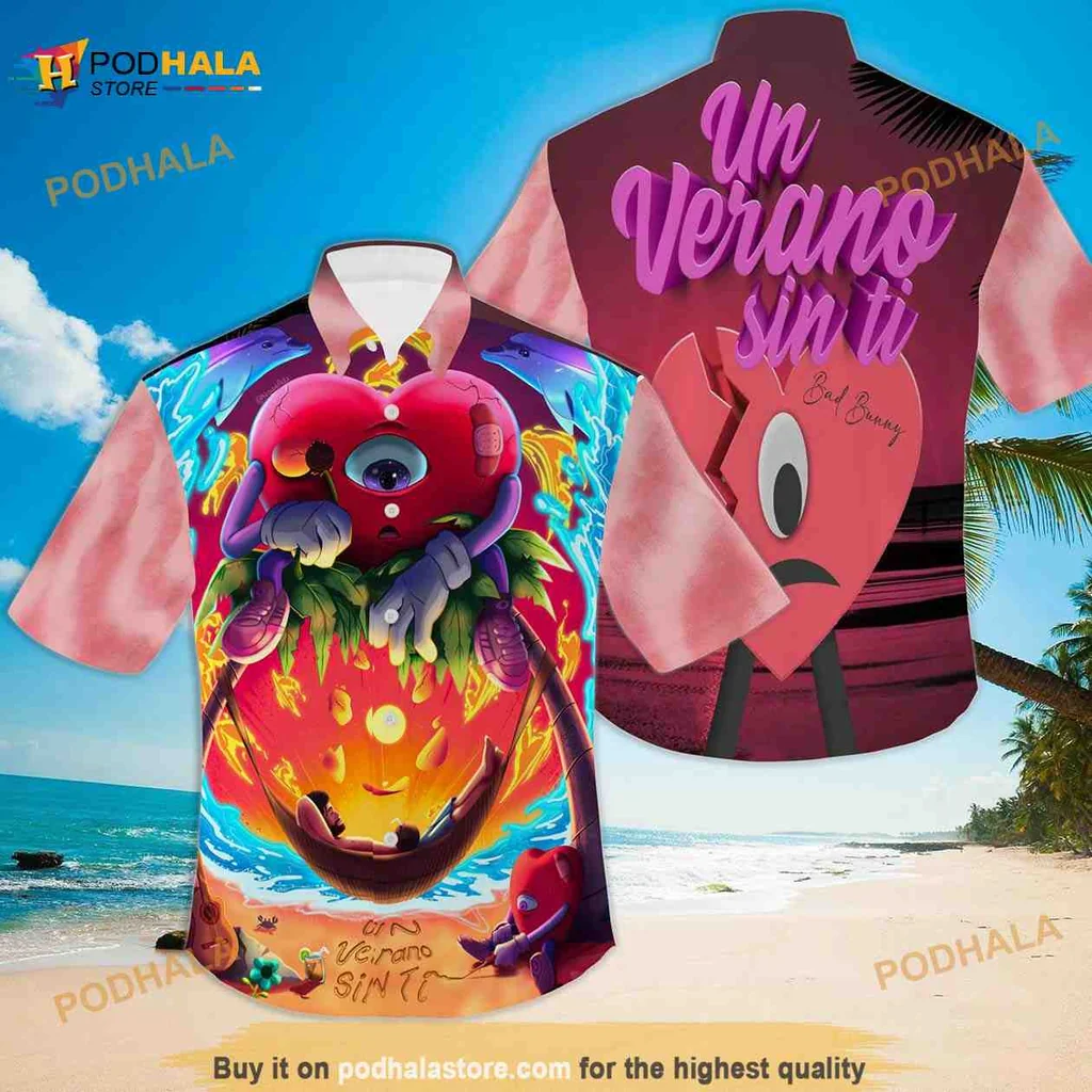 Bad Bunny Tropical Aloha Shirt With Cartoon Heart And Sunset Design