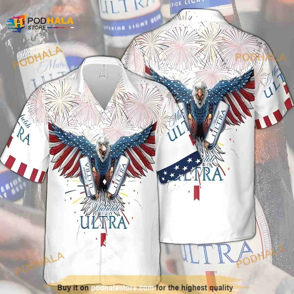 Bald Eagle Fireworks Aloha Shirt, Michelob Ultra Beer Funny Hawaiian Shirt