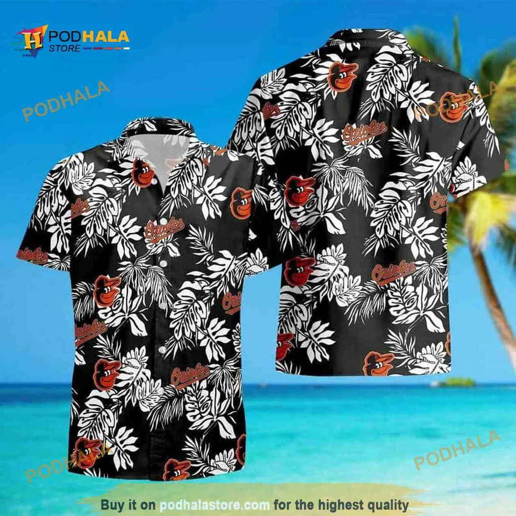 Baltimore Orioles Aloha Shirt With Tropical Leaves And Hibiscus Flowers