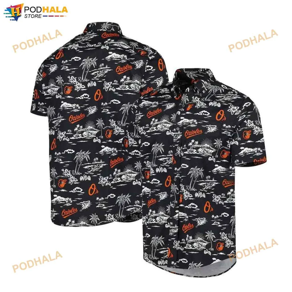 Baltimore Orioles Hawaiian Shirt, Black With Orange Tropical Design