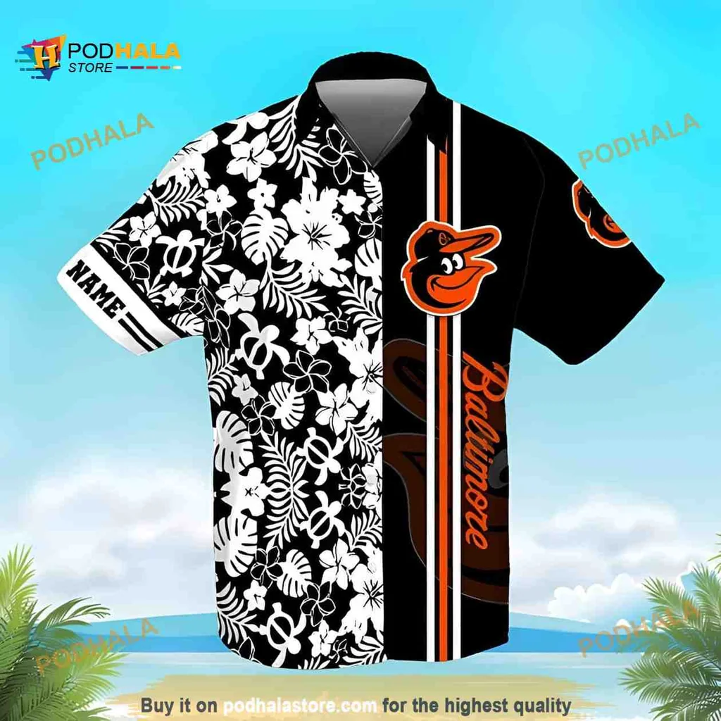 Baltimore Orioles Tropical Aloha Shirt, Black Floral Pattern With Logo