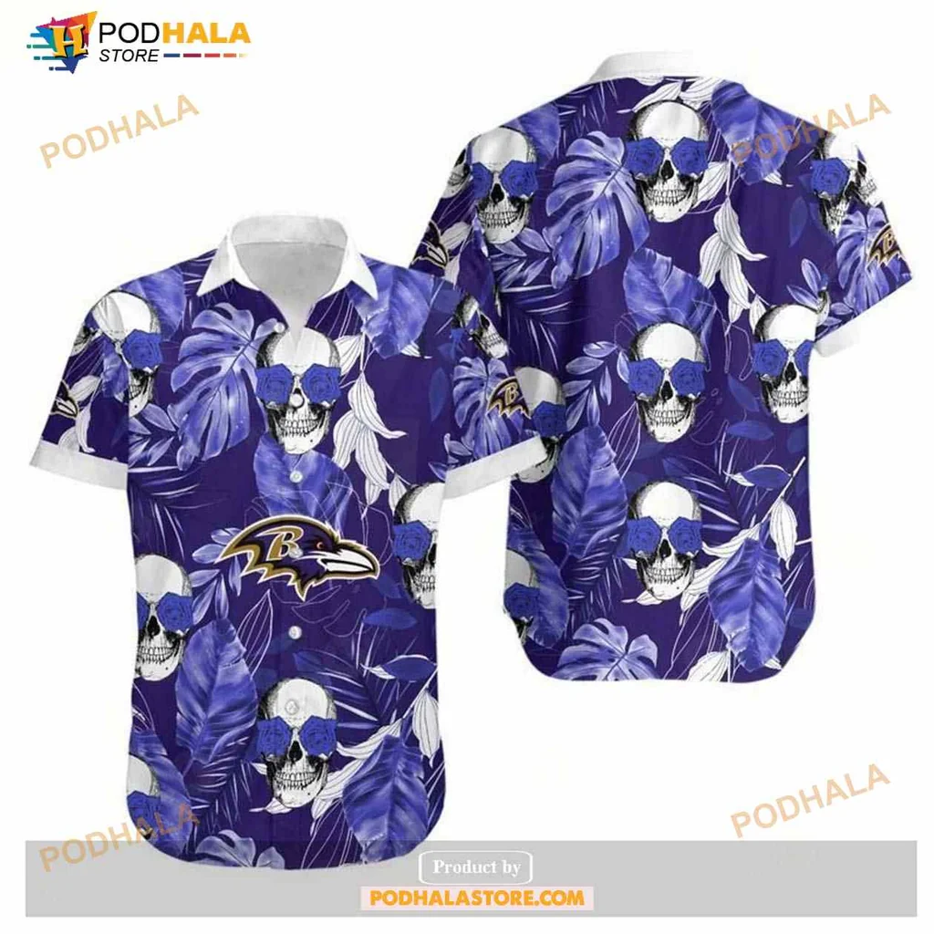 Baltimore Ravens Coconut Leaves Hawaiian Shirt With Skulls