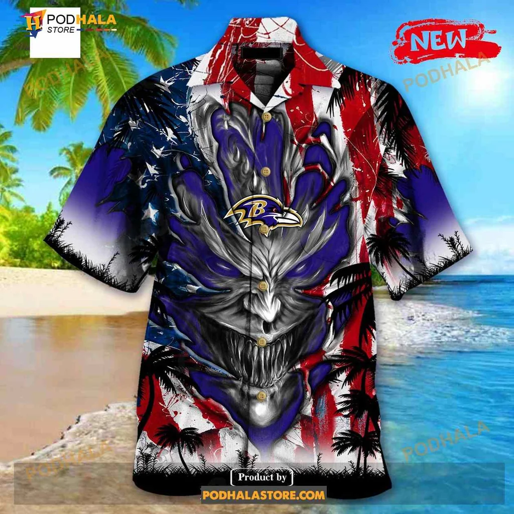 Baltimore Ravens Demon Face Hawaiian Shirt With Us Flag Design