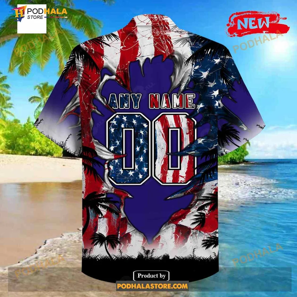 Baltimore Ravens Demon Face Aloha Shirt With Us Flag Design Baltimore Ravens Demon Face Aloha Shirt With Us Flag Design