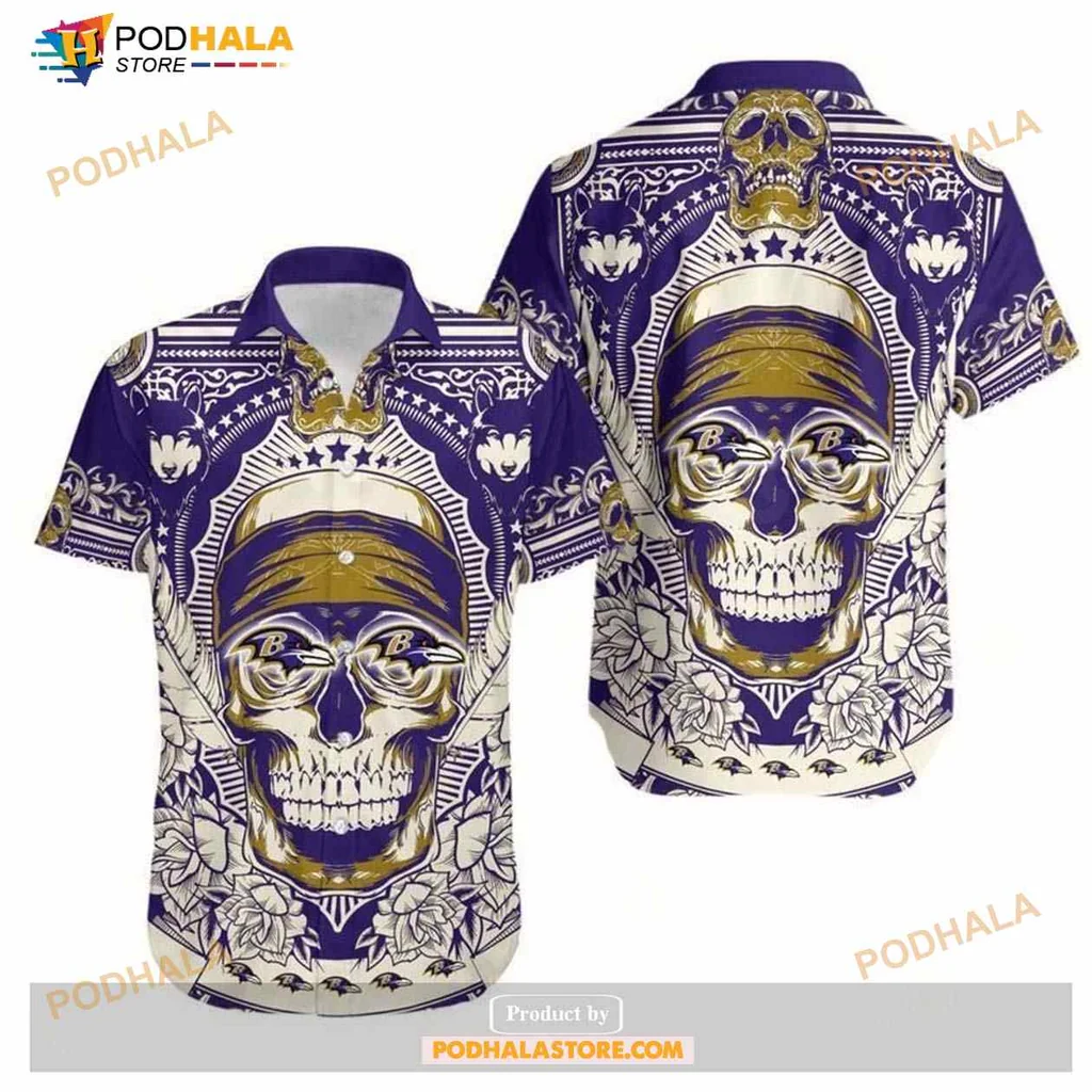 Baltimore Ravens Skull Hawaiian Shirt With Floral Design