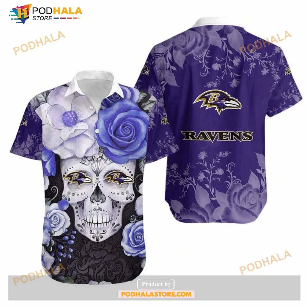 Baltimore Ravens Skull Hawaiian Shirt With Floral Design