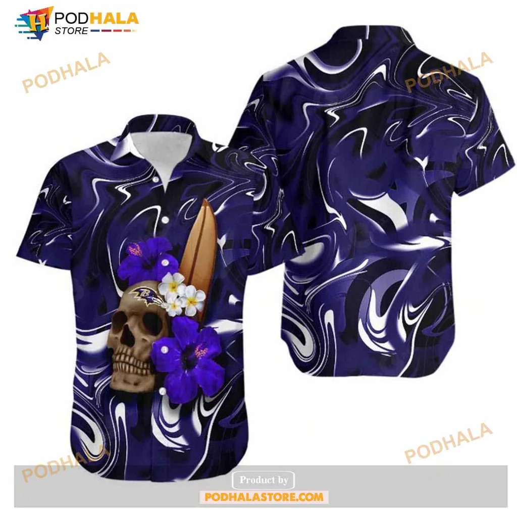 Baltimore Ravens Skull Hibiscus Hawaiian Shirt With Surfboard Design