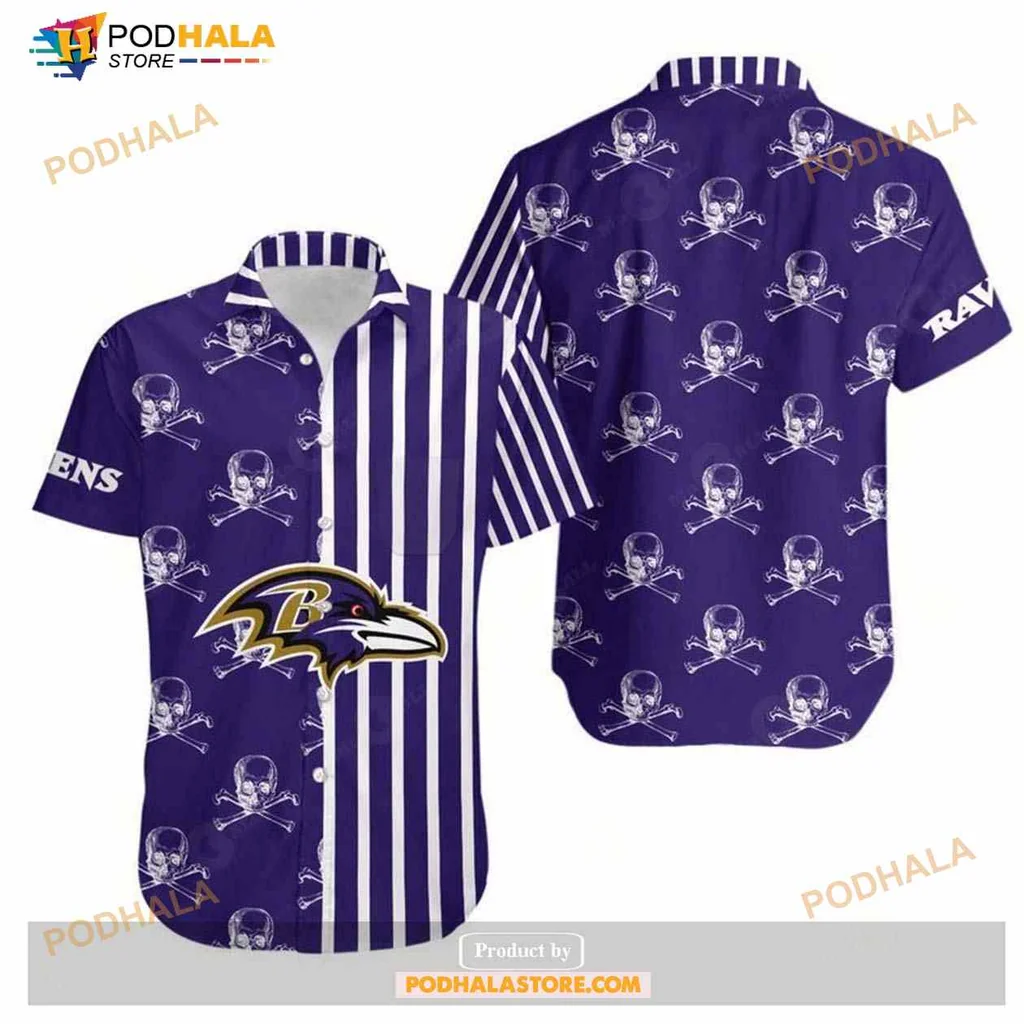 Baltimore Ravens Skull Pattern Hawaiian Shirt With Stripes