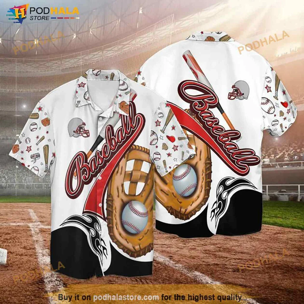 Baseball Themed Hawaiian Shirt With Glove, Bat, And Bright Colors