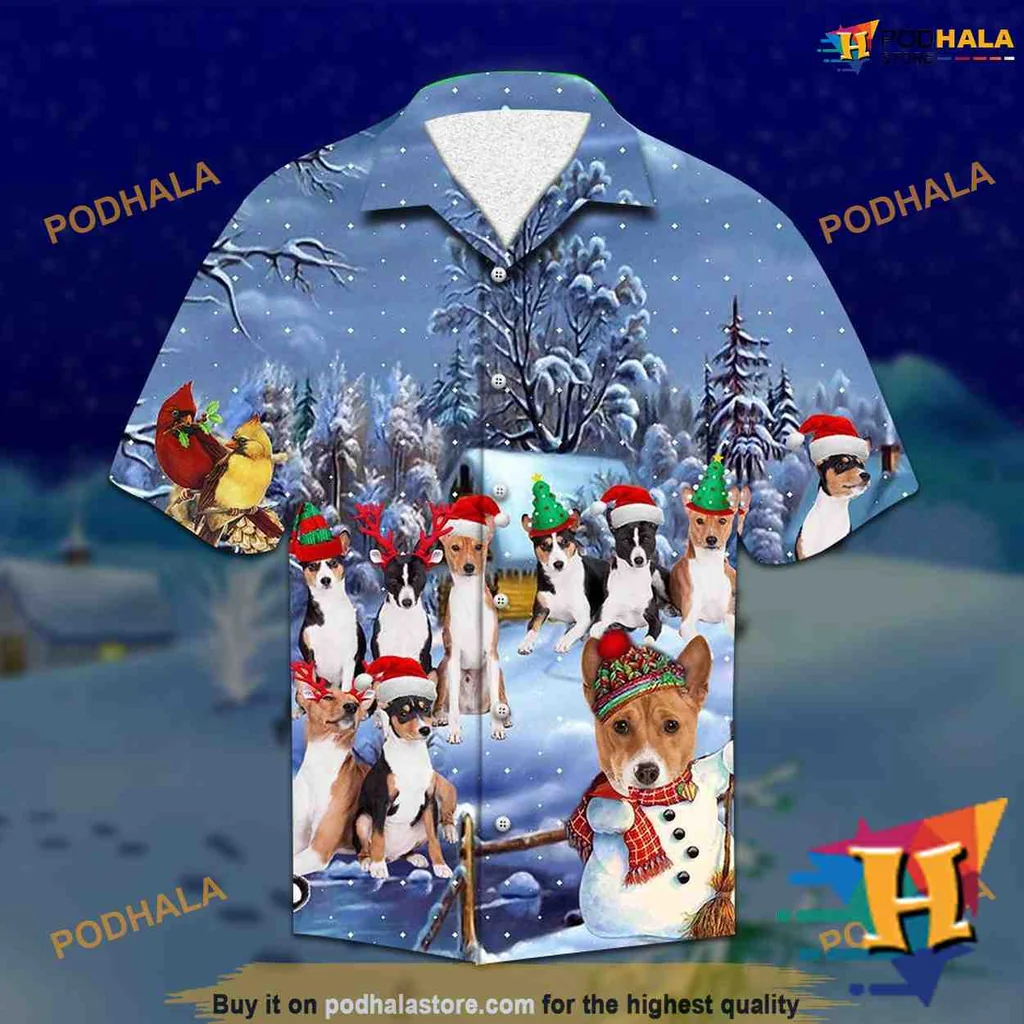 Basenji Dog Christmas Aloha Shirt Featuring Festive Winter Wonderland Design