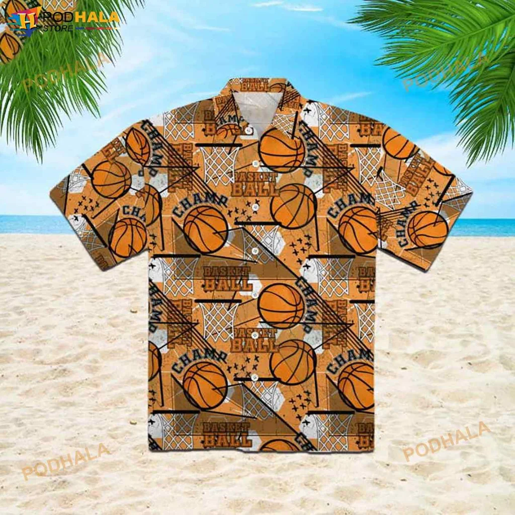 Basketball Themed Hawaiian Shirt With Vibrant Orange Design