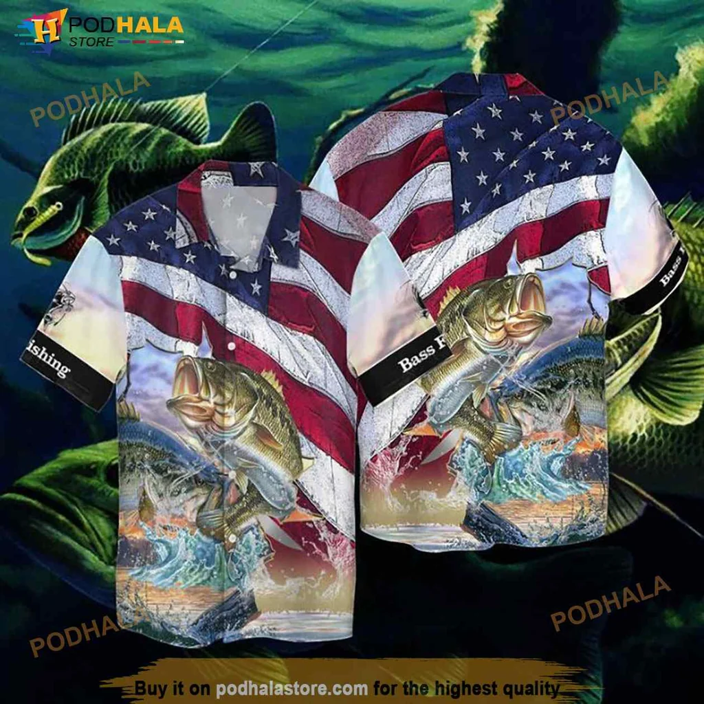 Bass Fishing American Flag Hawaiian Shirt With Vibrant Fish Design