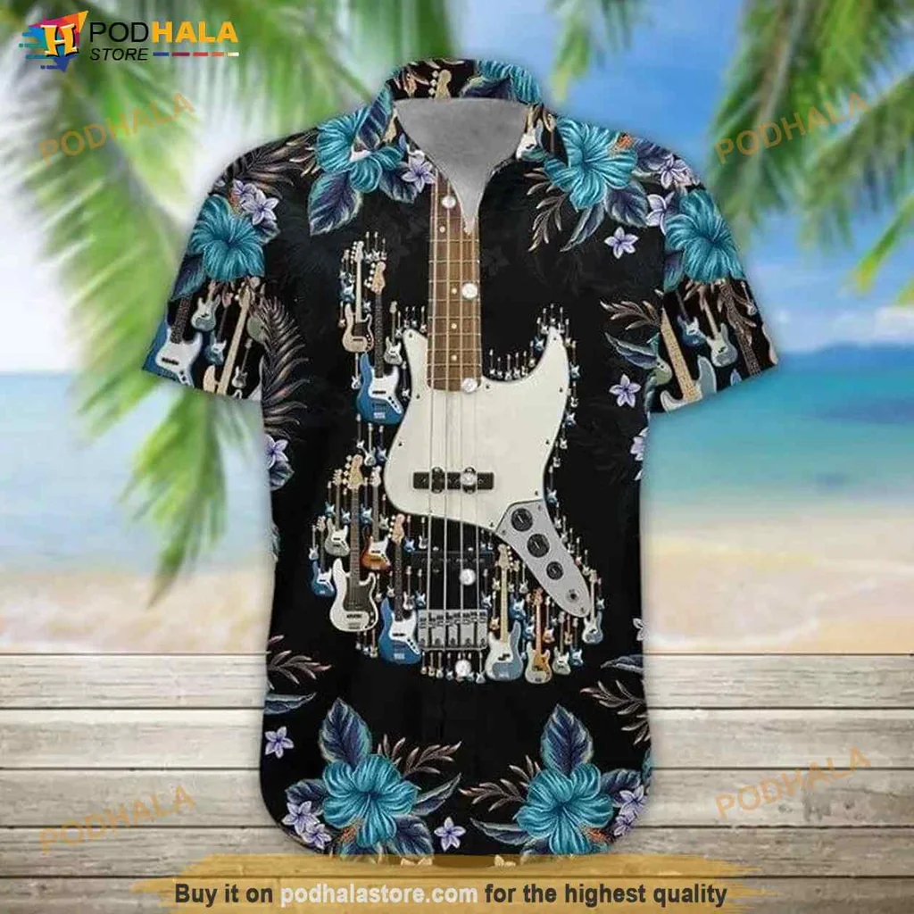 Bass Guitar Hawaiian Shirt With Tropical Floral Design