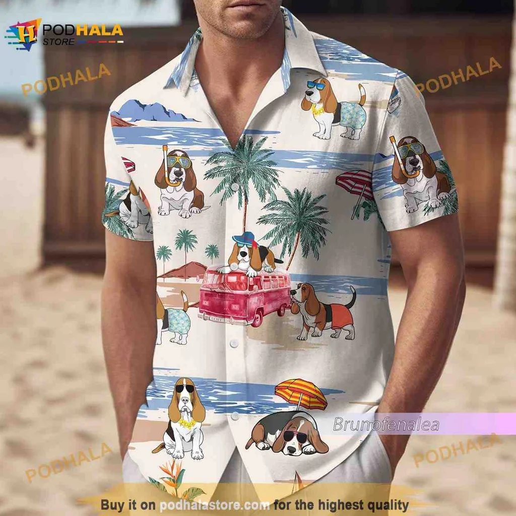 Basset Hound Summer Hawaiian Shirt With Tropical Beach Design