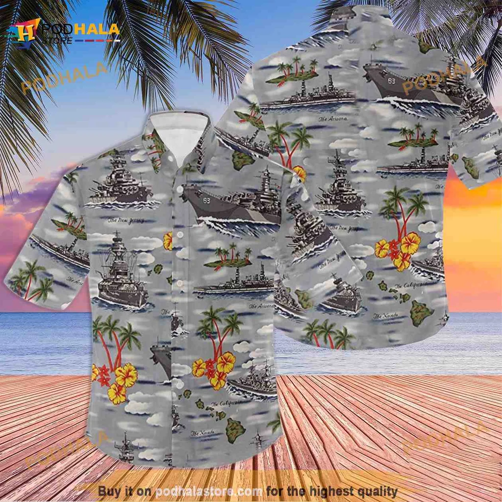 Battleship Tropical Hawaiian Shirt With Hibiscus Flowers And Palm Trees