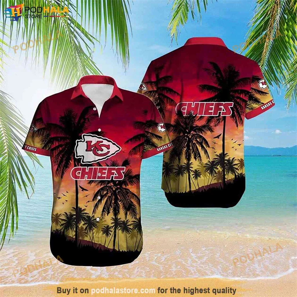 Beachy Kansas City Chiefs Hawaiian Shirt, Vibrant Palm Tree Sunset Design