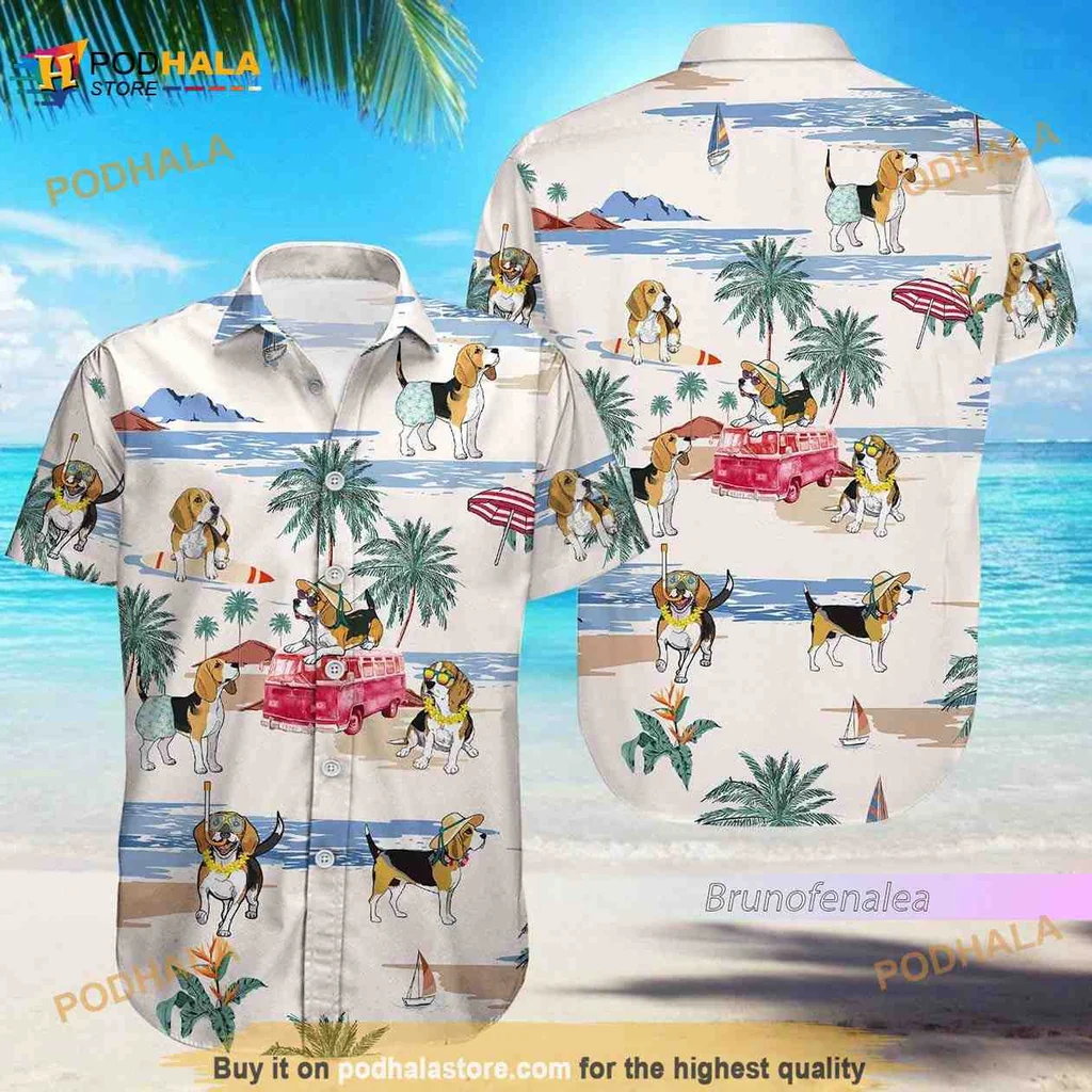Beagle Beach Hawaiian Shirt Featuring Playful Dogs And Tropical Scenery