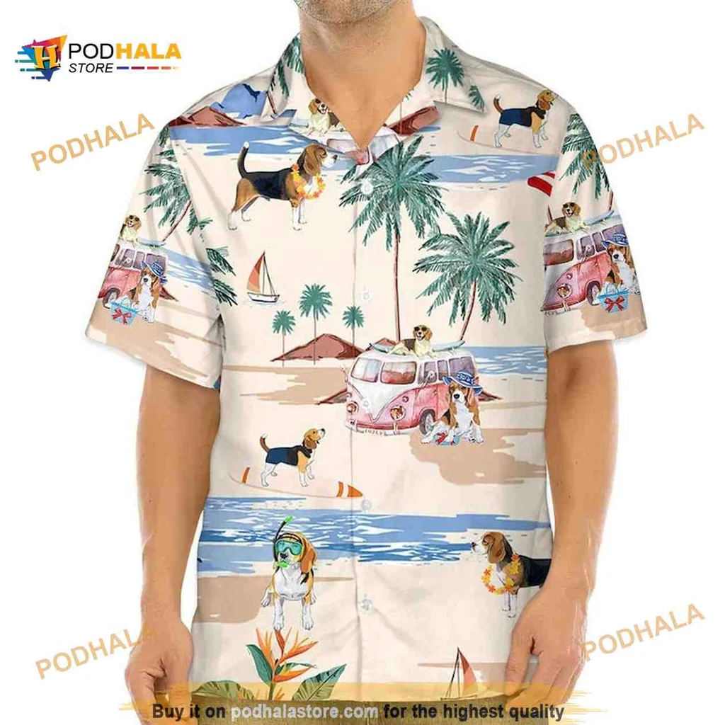 Beagle Beach Hawaiian Shirt With Playful Surfing And Vintage Van Design