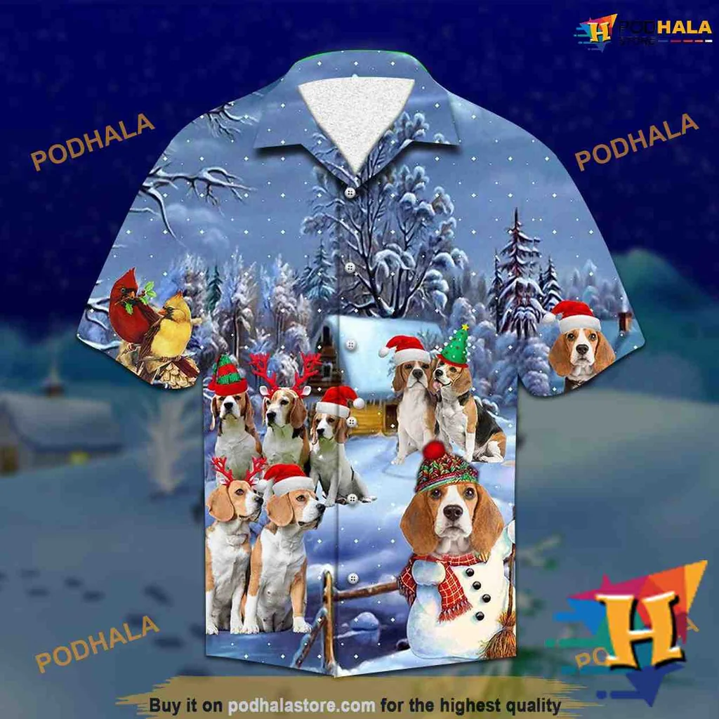 Beagle Dog Christmas Hawaiian Shirt With Santa Hats And Winter Scene