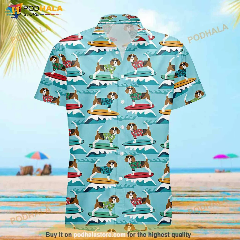 Beagle Surfing Hawaiian Shirt With Colorful Surfboards And Sunglasses