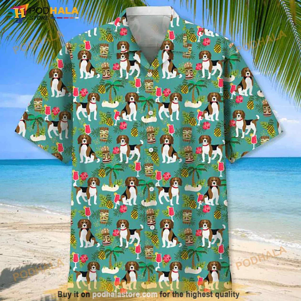 Beagle Tropical Pattern Hawaiian Shirt With Playful Dogs And Tropical Elements