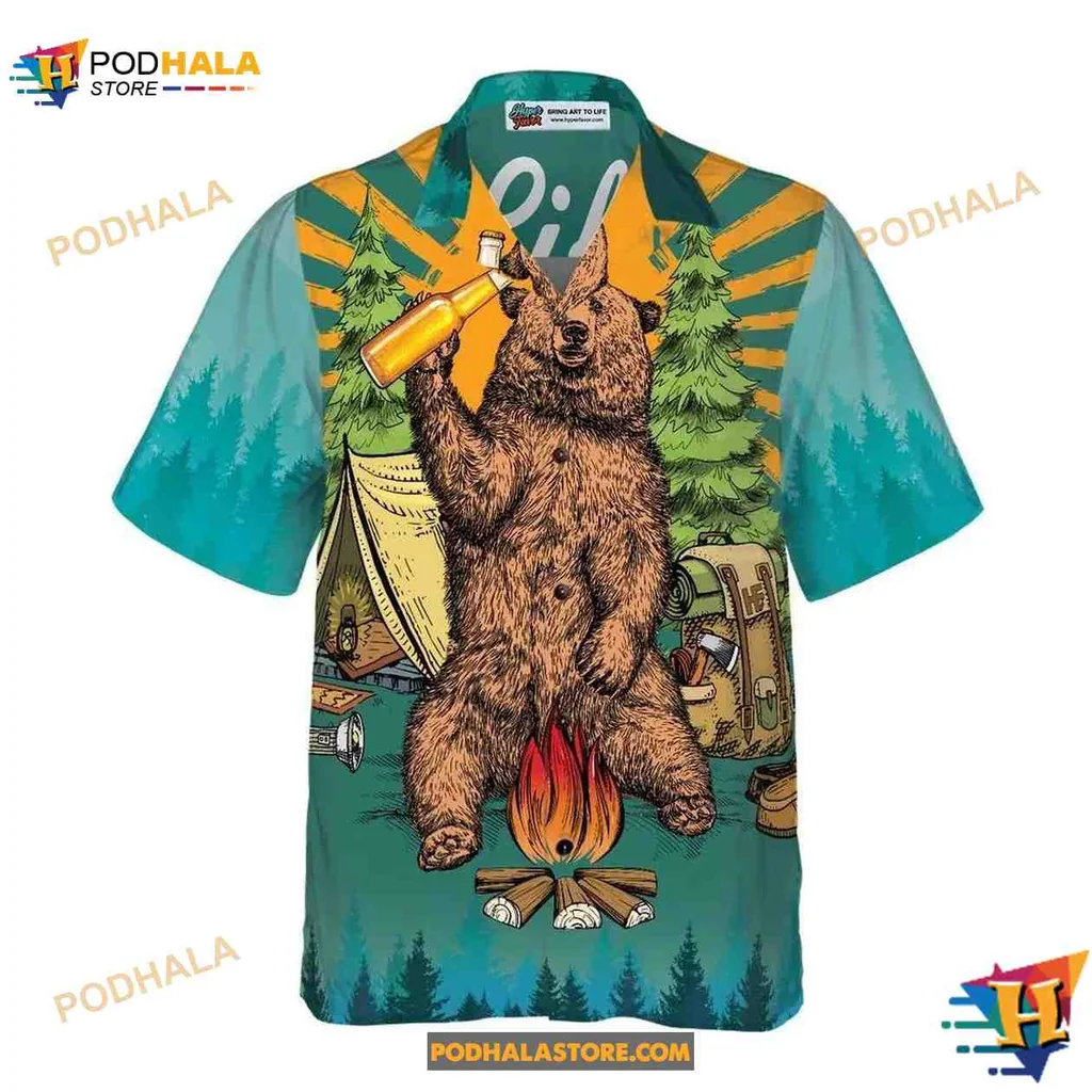 Bear Campfire Beer Hawaiian Shirt, Fun Outdoor Vibe For Nature Lovers